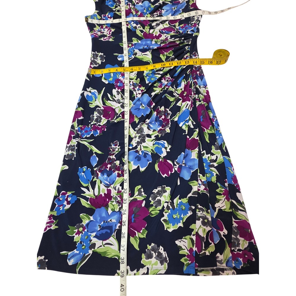 Lauren Ralph Lauren Navy Blue Floral Ruched V-Neck Sheath Dress Womens 10 - Picture 5 of 9